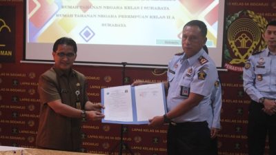 Lapas Sidoarjo Jadi Tuan Rumah Penandatanganan Kerjasama Antara 4 UPT Pemasyarakatan Korwil Surabaya Dengan Dukcapil Sidoarjo