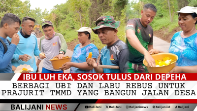 Ibu Luh Eka menyerahkan ubi dan labu rebus kepada prajurit TMMD di Desa Depeha