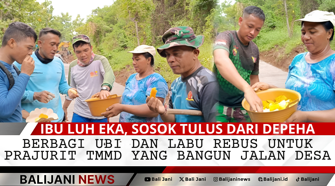 Ibu Luh Eka menyerahkan ubi dan labu rebus kepada prajurit TMMD di Desa Depeha
