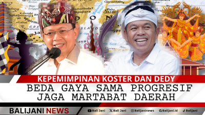 Ilustrasi kepemimpinan dua tokoh nasional, Wayan Koster dan Dedi Mulyadi, dengan gaya berbeda namun satu visi menjaga identitas dan kemajuan daerah.