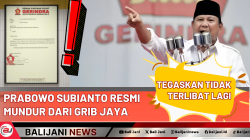 Prabowo Subianto berpidato di depan mikrofon dengan latar belakang logo Gerindra, di samping surat resmi pengunduran dirinya dari GRIB Jaya dan tanda seru besar yang menyoroti berita penting.