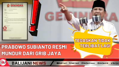 Prabowo Subianto berpidato di depan mikrofon dengan latar belakang logo Gerindra, di samping surat resmi pengunduran dirinya dari GRIB Jaya dan tanda seru besar yang menyoroti berita penting.