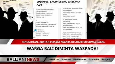 angkapan layar unggahan akun Global Dewata yang menampilkan struktur organisasi ormas ilegal GRIB dengan mencatut jabatan pejabat tinggi negara seperti Gubernur, Pangdam, dan Kapolda tanpa mencantumkan nama lengkap.