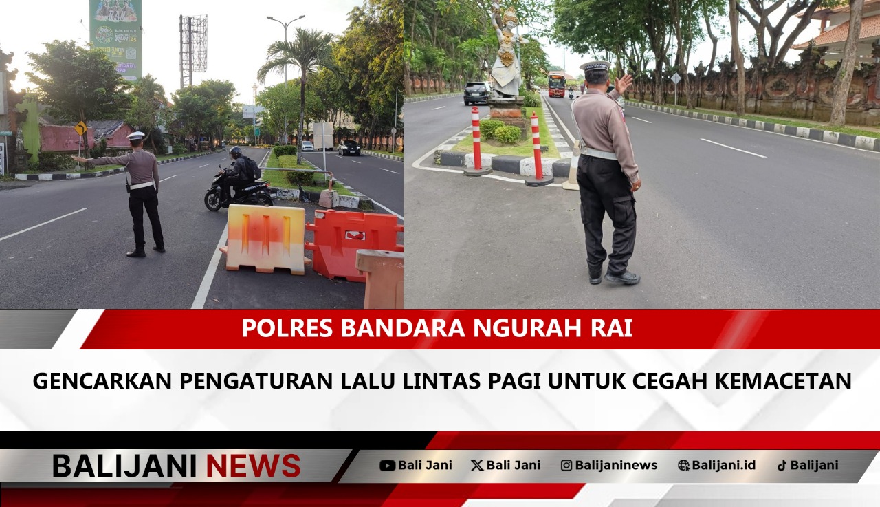 Petugas Polres Bandara Ngurah Rai mengatur lalu lintas pagi hari di akses keluar bandara