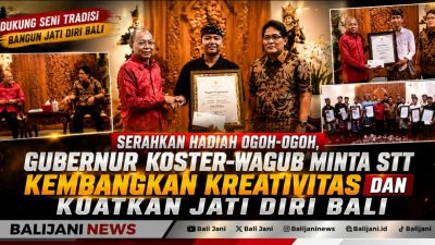 Gubernur Bali Wayan Koster menyerahkan hadiah Ogoh-Ogoh Terfavorit kepada STT Bali di Jayasabha Denpasar.