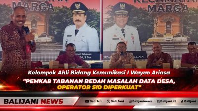 Kelompok Ahli Tabanan I Wayan Ariasa saat memberikan pemaparan materi workshop data desa di Aula Kantor Camat Marga.
