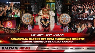 Penampilan penari Barong Ket Duta Kabupaten Klungkung dari Sanggar Sangku Mas Getakan saat tampil memukau di Panggung Terbuka Ardha Candra Art Center Denpasar