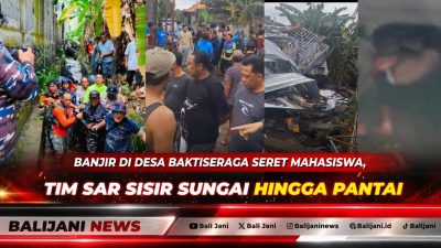 Personel Pos SAR Buleleng bersama unsur gabungan menyusuri arus sungai pascabanjir di Desa Baktiseraga untuk mencari korban hanyut.