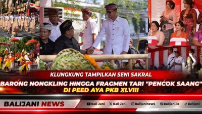 Bupati Klungkung I Made Satria bersama Ny. Eva Satria menyaksikan pawai budaya kontingen Klungkung di ajang Pesta Kesenian Bali.