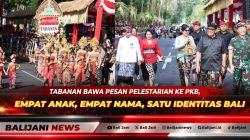 Empat anak kecil pelambang nama Wayan, Made, Nyoman, dan Ketut berjalan bersama Jegeg Bagus Tabanan dalam parade PKB 2026.