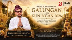 Desain ucapan selamat Hari Raya Galungan dan Kuningan 2026 dari Reydi Nobel dan RnB Law Firm.