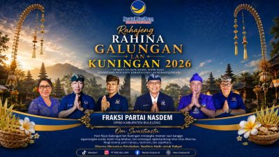 Spanduk digital atau ucapan resmi dari Fraksi Partai NasDem DPRD Kabupaten Buleleng dalam rangka Hari Raya Galungan dan Kuningan tahun 2026.