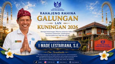Desain spanduk ucapan selamat Hari Raya Galungan dan Kuningan 2026 dari Direktur Utama Perumda Tirta Hita Buleleng I Made Lestariana, S.E.