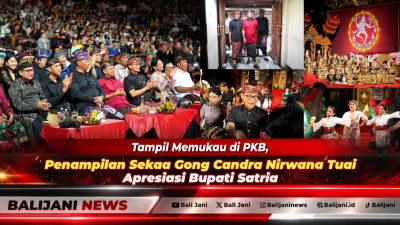Bupati Klungkung I Made Satria bersama istri dan Wakil Bupati berfoto bersama sekaa gong anak-anak Duta Klungkung di Ardha Candra.