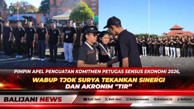 Wakil Bupati Klungkung Tjokorda Gde Surya Putra memimpin Apel Penguatan Komitmen Petugas Sensus Ekonomi 2026 di Alun-Alun Dewa Agung Jambe Klungkung