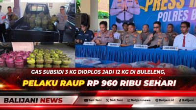 Kasat Reskrim Polres Buleleng AKP Alberto Diovant menunjukkan barang bukti tabung gas LPG oplosan saat konferensi pers.