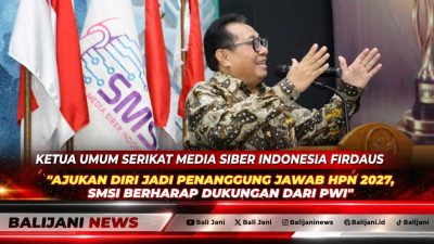 Ketua Umum SMSI Firdaus saat memberikan sambutan dan menyampaikan usulan penanggung jawab HPN 2027 dalam agenda Malam Anugerah SMSI 2026 di Hall Dewan Pers Jakarta