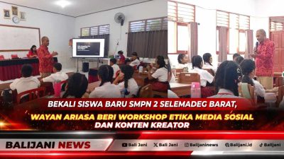 Drs. I Wayan Ariasa saat memberikan materi etika komunikasi digital dan pelatihan konten kreatif di hadapan siswa baru peserta MPLS SMPN 2 Selemadeg Barat