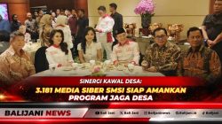 Ketua Umum SMSI Firdaus dan Ketum ABPEDNAS Indra Utama saat melakukan penandatanganan PKS Jaga Desa disaksikan oleh Hashim Djojohadikusumo