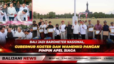 Wamenko Pangan Hanif Faisol Nurofiq dan Gubernur Bali Wayan Koster saat menyerahkan penghargaan dan alat Lahsamor BRIN kepada perwakilan desa terbaik di Lapangan Renon