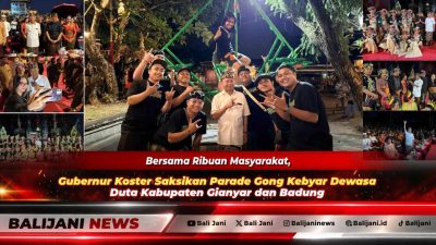 Gubernur Bali Wayan Koster bersama Bupati Badung dan Wakil Bupati Gianyar saat berfoto bersama para seniman Gong Kebyar Dewasa di Panggung Terbuka Ardha Candra
