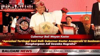 Gubernur Bali Wayan Koster saat menyerahkan piagam Penghargaan Adi Sewaka Nugraha dan dana apresiasi kepada para seniman di panggung Ardha Candra
