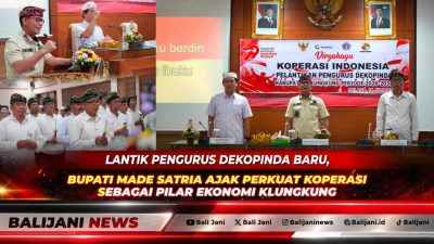 Bupati Klungkung I Made Satria bersama Ketua Dekopinwil Bali I Nyoman Suwirta saat berfoto bersama pengurus baru Dekopinda Klungkung di ruang Praja Mandala