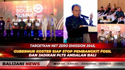 Gubernur Bali Wayan Koster saat menyampaikan pidato pembukaan Indonesia Solar Summit 2026 mengenai target Net Zero Emission Bali 2045 di Sanur