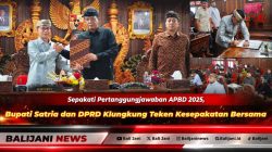 Bupati Klungkung I Made Satria bersama Ketua DPRD Anak Agung Gde Anom saat menandatangani nota kesepakatan bersama Ranperda APBD 2025