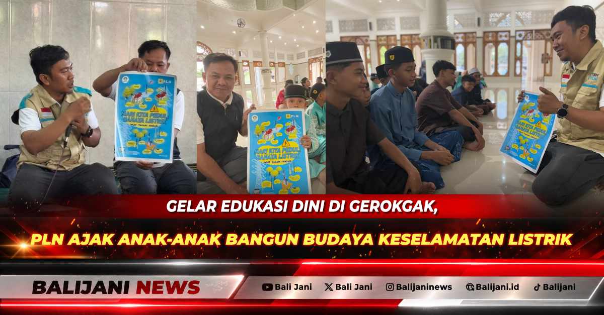Team Leader K3L PLN ULP Singaraja Bagus Raka Dirgayusa saat memberikan edukasi interaktif keselamatan listrik di hadapan anak-anak di Masjid Jamik Nurul Iman Gondol