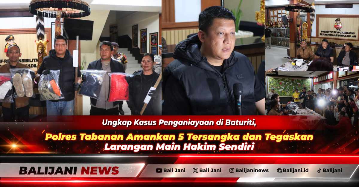 Kapolres Tabanan AKBP I Putu Bayu Pati saat memimpin konferensi pers pengungkapan kasus penganiayaan berat di Mako Polres Tabanan