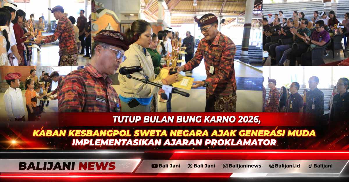 Kepala Badan Kesbangpol Klungkung Drs I Dewa Ketut Sueta Negara saat membacakan sambutan Bupati dan menyerahkan piagam penghargaan lomba Bulan Bung Karno 2026