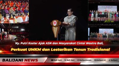 Ketua Dekranasda Provinsi Bali Ny Putri Suastini Koster saat memberikan sambutan pada pembukaan Dekranasda Bali Fashion Day Wastra Hita Kara