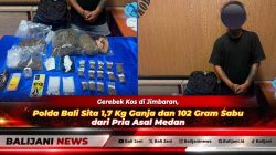 Petugas Ditresnarkoba Polda Bali menunjukkan barang bukti 1,7 kg ganja dan 102 gram sabu hasil penggerebekan di rumah kos Jimbaran Badung