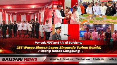Bupati Buleleng dr. I Nyoman Sutjidra didampingi Kalapas Singaraja Iskandar Djamil saat menyerahkan Surat Keputusan SK Remisi HUT ke-81 RI secara simbolis kepada perwakilan WBP di Aula Nusantara