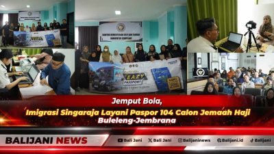 Petugas Kantor Imigrasi Kelas II TPI Singaraja saat melayani proses foto dan biometrik Eazy Passport bagi calon jemaah haji di Kemenag Buleleng