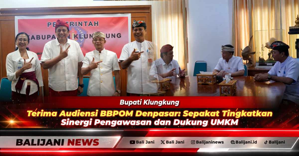 Bupati Klungkung I Made Satria didampingi Asisten I I Gusti Ketut Suardika saat menerima kunjungan audiensi Kepala BBPOM Denpasar I Gusti Ngurah Bagus Kusuma Dewa di Ruang Rapat Kantor Bupati Klungkung