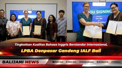 Direktur LPBA Denpasar Dr Dian Rahmani Putri bersama CEO IALF Indonesia Caroline Bentley saat penandatanganan MoU kerja sama pelatihan bahasa Inggris di IALF Bali