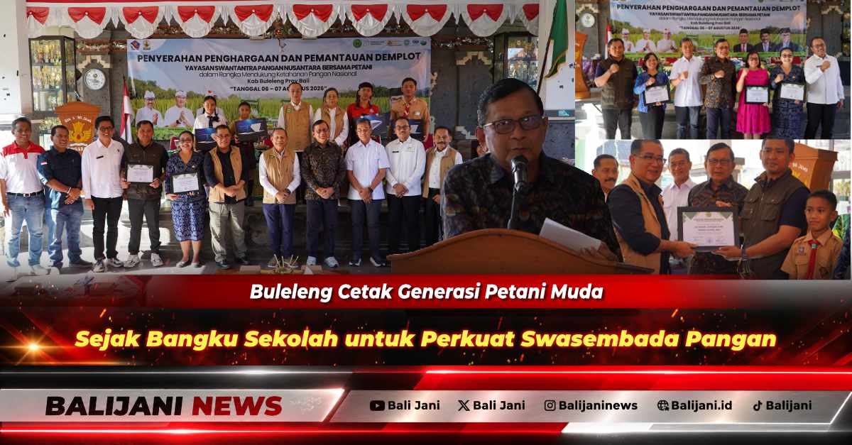 Bupati Buleleng I Nyoman Sutjidra bersama Wakil Bupati Gede Supriatna saat penyerahan penghargaan Program Swasembada Pangan Berbasis Sekolah di SDN 3 Banjar Jawa