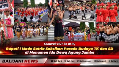 Bupati Klungkung I Made Satria didampingi Bunda PAUD Ny. Eva Satria saat menyaksikan Parade Budaya tingkat TK dan SD di depan Monumen Ida Dewa Agung Jambe Klungkung