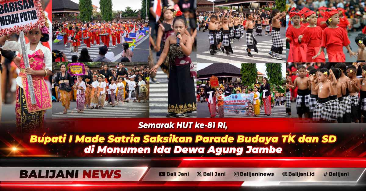 Bupati Klungkung I Made Satria didampingi Bunda PAUD Ny. Eva Satria saat menyaksikan Parade Budaya tingkat TK dan SD di depan Monumen Ida Dewa Agung Jambe Klungkung