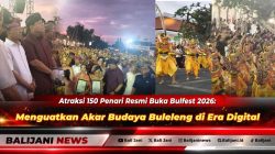 Penampilan kolosal 150 penari membawakan tarian khas Buleleng saat pembukaan Buleleng Festival Bulfest 2026 di Kawasan Praja Mandala Singa Ambara Raja Buleleng