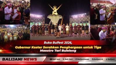 Gubernur Bali Wayan Koster didampingi Bupati Buleleng Nyoman Sutjidra menyerahkan piagam penghargaan kepada maestro tari Buleleng pada pembukaan Bulfest 2026 di Singaraja