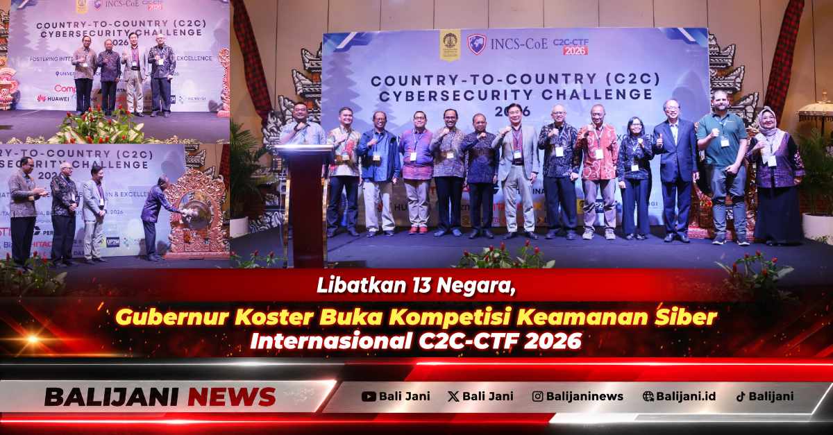 Gubernur Bali Wayan Koster saat memukul gong meresmikan pembukaan Kompetisi Keamanan Siber Internasional C2C-CTF 2026 di Hotel Padma Resort Legian Badung