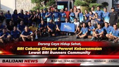 Para pekerja Insan BRILiaN BRI Cabang Gianyar foto bersama dengan antusias dalam kegiatan lari bersama BRI Runners Community di Gianyar